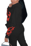 Black Street Print Hooded Collar Tops