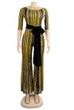 Yellow Casual Print Patchwork O Neck Straight Jumpsuits