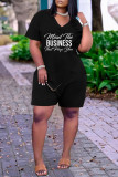 Deep Blue Fashion Casual Letter Print Basic V Neck Regular Romper