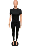 Black Fashion Casual Solid Draped Short Sleeve O Neck Jumpsuits