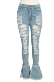 Blue Sexy Solid Ripped High Waist Regular Denim