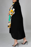 Orange Fashion Casual Plus Size Print Patchwork Turndown Collar Shirt Dress