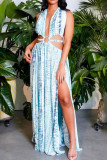 Yellow Sexy Print Bandage Hollowed Out Backless Zipper Halter Beach Dresses