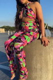 Purple Green Fashion Sexy Print Backless Halter Sleeveless Two Pieces