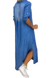 Blue The cowboy Fashion adult Ma'am Sweet Cap Sleeve Half Sleeves Turndown Collar Princess Dress Ankle-Length Solid Dresses