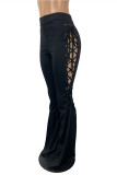 Pink Fashion Casual Solid Hollowed Out Strap Design Boot Cut Mid Waist Trousers