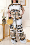 Yellow Fashion Casual Print Basic O Neck Plus Size Two Pieces