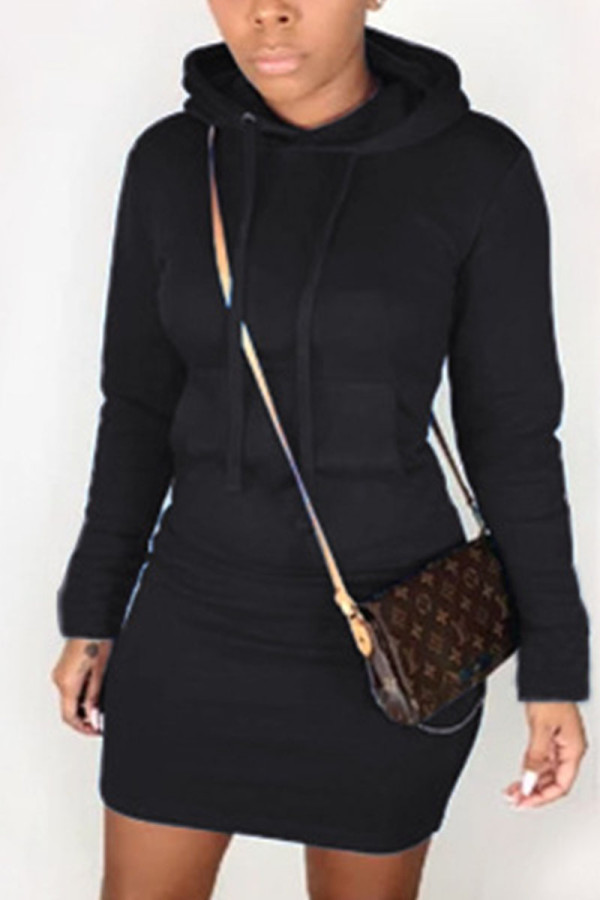 Black Street Cap Sleeve Long Sleeves Hooded Step Skirt Knee-Length Solid