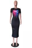 Grey Fashion adult OL Black Grey Cap Sleeve Short Sleeves O neck Asymmetrical Mid-Calf Print Patchwork hole lip Dresses