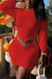 Red Sexy Solid Patchwork Half A Turtleneck Long Sleeve Two Pieces