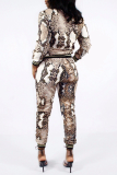Snake Print Casual Animal Print Patchwork Zipper Collar Long Sleeve Two Pieces