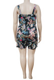Black Casual Print Bandage Patchwork V Neck Plus Size Jumpsuits