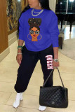 Deep Blue Fashion Casual Print Basic O Neck Long Sleeve Two Pieces