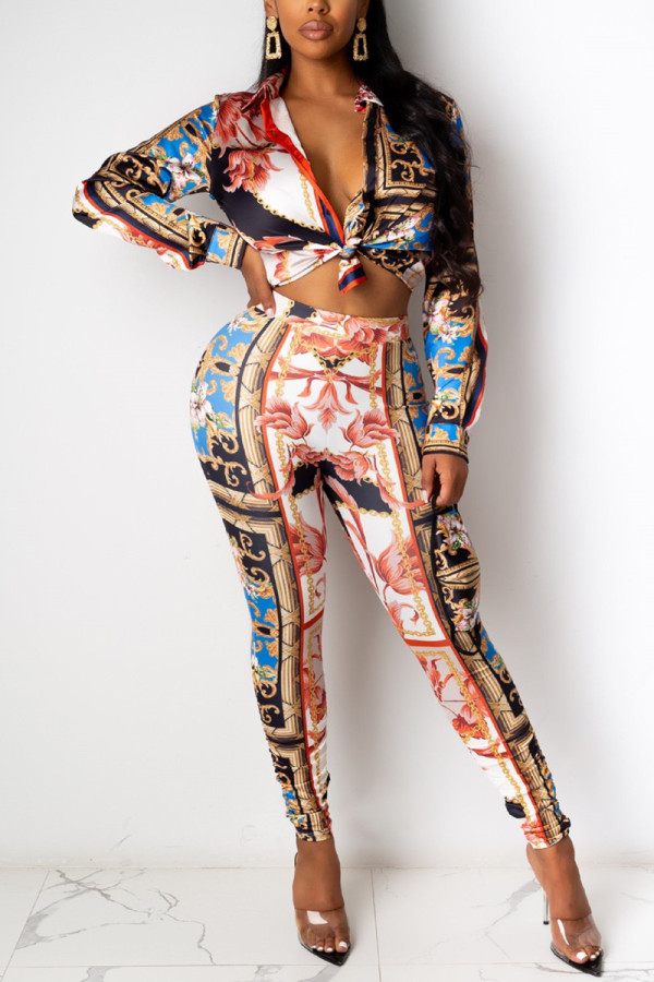 Multicolor Fashion Casual Print Basic Turndown Collar Long Sleeve Two Pieces