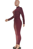 Black Fashion Sexy Patchwork See-through Turtleneck Skinny Jumpsuits