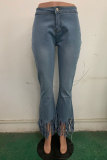 Blue Denim Button Fly Sleeveless Mid Patchwork Solid Tassel Boot Cut Pants Bottoms