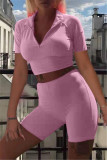 Rose Red Fashion Casual Solid Basic Turndown Collar Short Sleeve Two Pieces