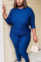 Blue Twilled Satin Solid O Neck Long Sleeve Regular Sleeve Regular Two Pieces