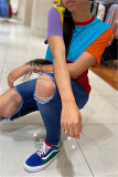 Blue Fashion Casual Patchwork Basic O Neck T-Shirts