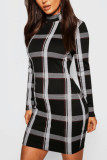 Black England Long Sleeves O neck Step Skirt Mini Print Plaid Dresses