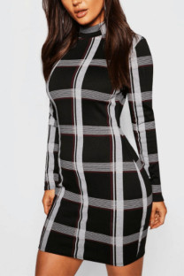Black England Long Sleeves O neck Step Skirt Mini Print Plaid Dresses