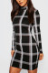 Black England Long Sleeves O neck Step Skirt Mini Print Plaid Dresses