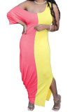 Pink Fashion Casual adult White Pink Yellow Light Blue purple Off The Shoulder Short Sleeves one shoulder collar Asymmetrical Ankle-Length Print Patchwork Colouring Draped split asymmetrical Dresses