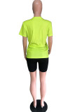 Black Casual Letter Print Fluorescent Straight Short Sleeve Two Pieces
