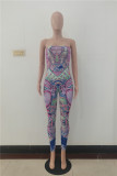 Pink Sexy Casual Print Backless Strapless Skinny Jumpsuits