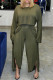 Green Fashion Casual Solid Patchwork Slit Oblique Collar Long Sleeve Two Pieces