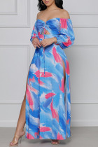 Blue Fashion Sexy Print Hollowed Out Slit Off the Shoulder Long Sleeve Dresses