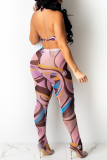 Pink Sexy Print Patchwork Halter Sleeveless Two Pieces