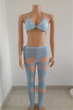 Light Blue Fashion Sexy Print Bandage See-through Backless Sleeveless Three-piece Set