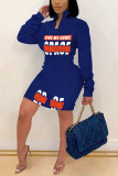 Blue Fashion Casual Print Letter Zipper Collar Long Sleeve Dress