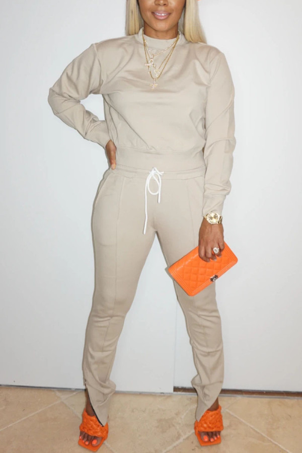 Apricot Sweet Solid Patchwork O Neck Long Sleeve Two Pieces