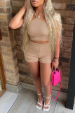 Khaki Sexy Casual Solid Backless Spaghetti Strap Sleeveless Two Pieces