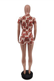 Coffee Fashion Casual Print Basic Turndown Collar Skinny Romper