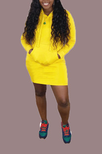 Yellow Casual Sleeve V Neck A-Line Knee-Length Solid Dresses