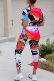 colour venetian Fashion Casual adult Ma'am Print Two Piece Suits pencil Short Sleeve Two Pieces