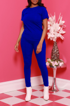 Blue Casual Print Letter O Neck Short Sleeve Two Pieces