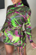 Green Sexy Print Mesh Turtleneck Pencil Skirt Dresses