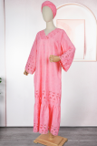Pink Casual Solid Color Lace Zipper V Neck Long Plus Size Dresses