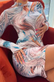 Red Sexy Print Patchwork Half A Turtleneck A Line Dresses