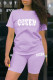 Purple Casual Letter Patchwork O Neck Short Sleeve Two Pieces
