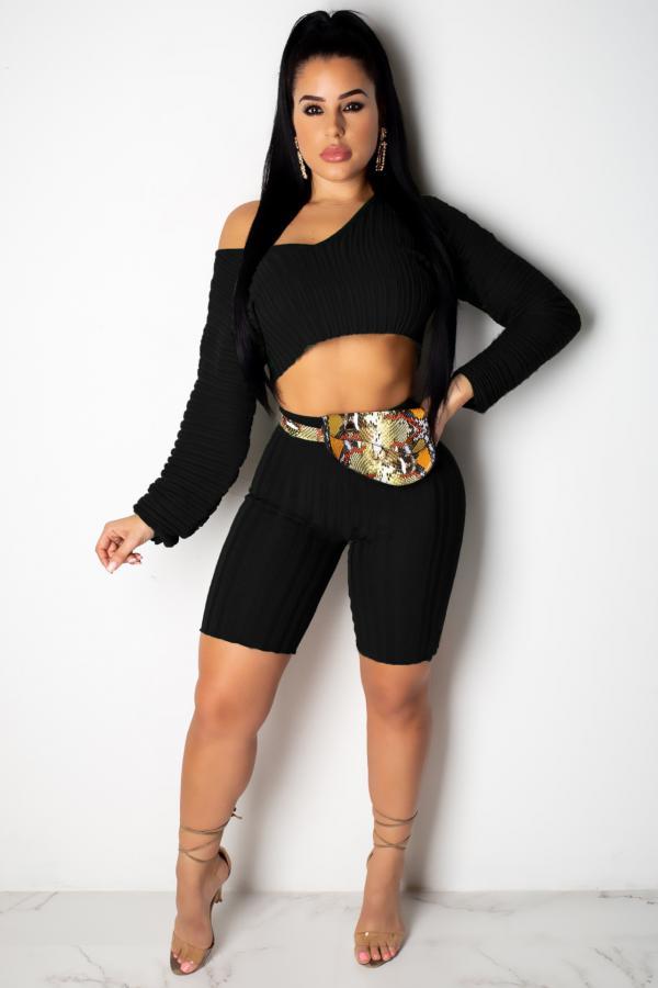 Black Sexy Fashion Two Piece Suits asymmetrical crop top Solid Regular Long Sleeve Two-Piece Sh