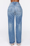 Blue Denim Zipper Fly High Hole Straight Pants Bottoms