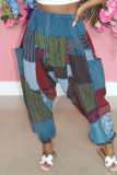 Light Blue Fashion Casual Print Pocket Regular High Waist Trousers