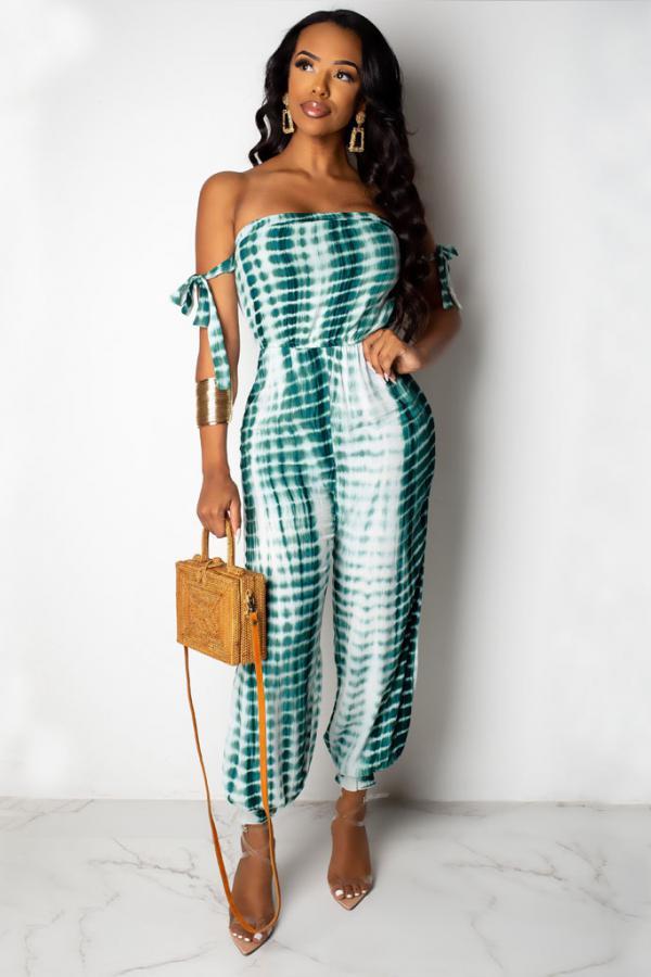 Green Sexy Colorblock Sleeveless one word collar Jumpsuits