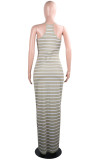 Grey Sexy Fashion Spaghetti Strap Sleeveless Slip Step Skirt Floor-Length Striped Casual Dress