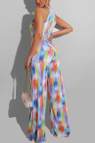 Colour Elegant Print Patchwork Frenulum O Neck Straight Jumpsuits